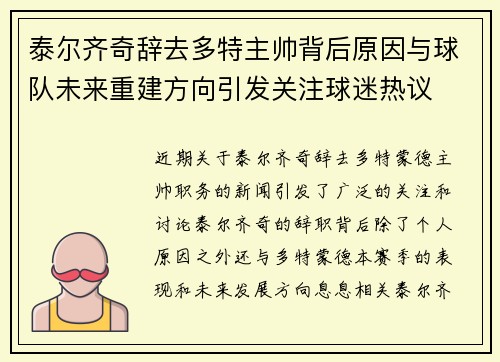 泰尔齐奇辞去多特主帅背后原因与球队未来重建方向引发关注球迷热议 泰尔齐奇辞去多特主帅背后原因与球队未来重建方向引发关注球迷热议